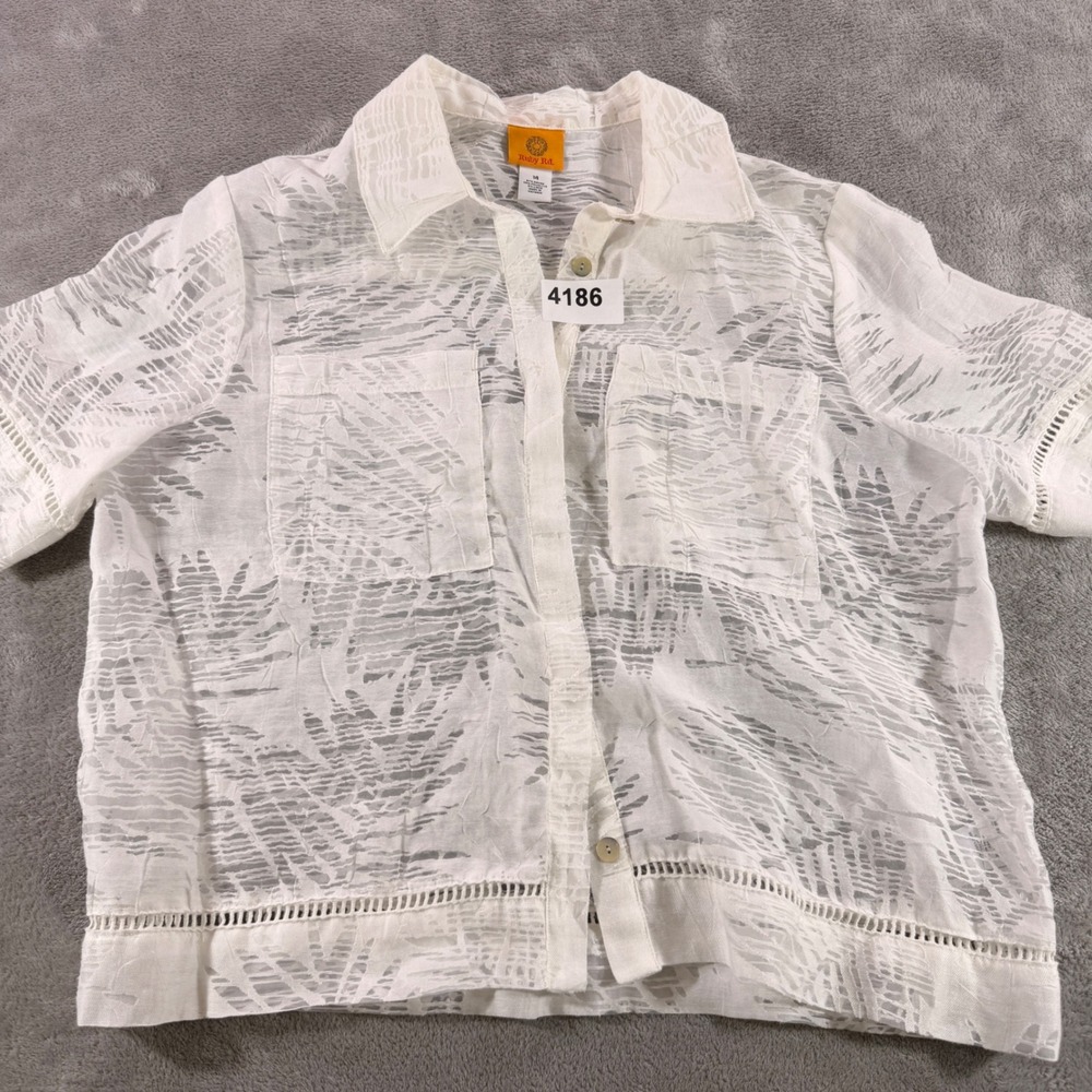Ruby Rd Button Down Shirt Women 14 White Burnout Palm Leaf Lace Trim 99139